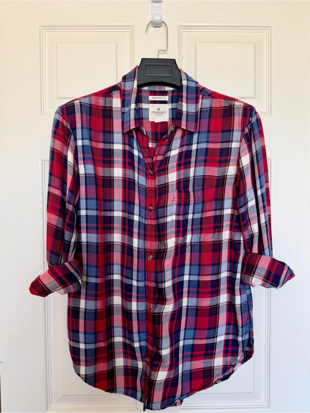 American Eagle Plaid Button Down Red Navy Oversized Fit Shirt Women’s S
